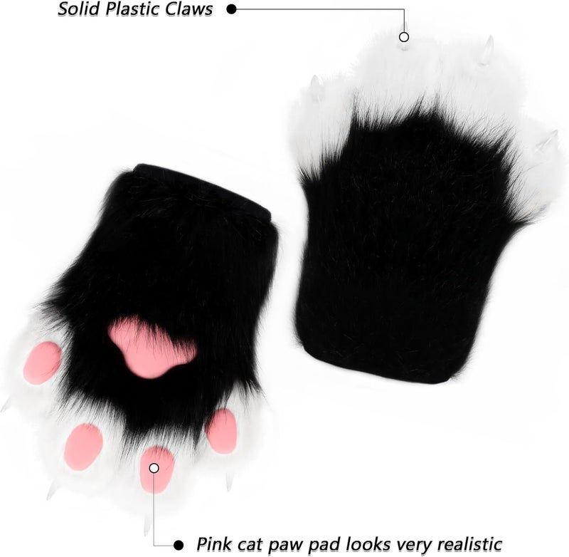hbbhml Faux Fur Plush Furry Cat Claw Gloves Fursuit Animal Fox Paws Mittens Halloween Cosplay Costume Accessories for Adult - Image 4